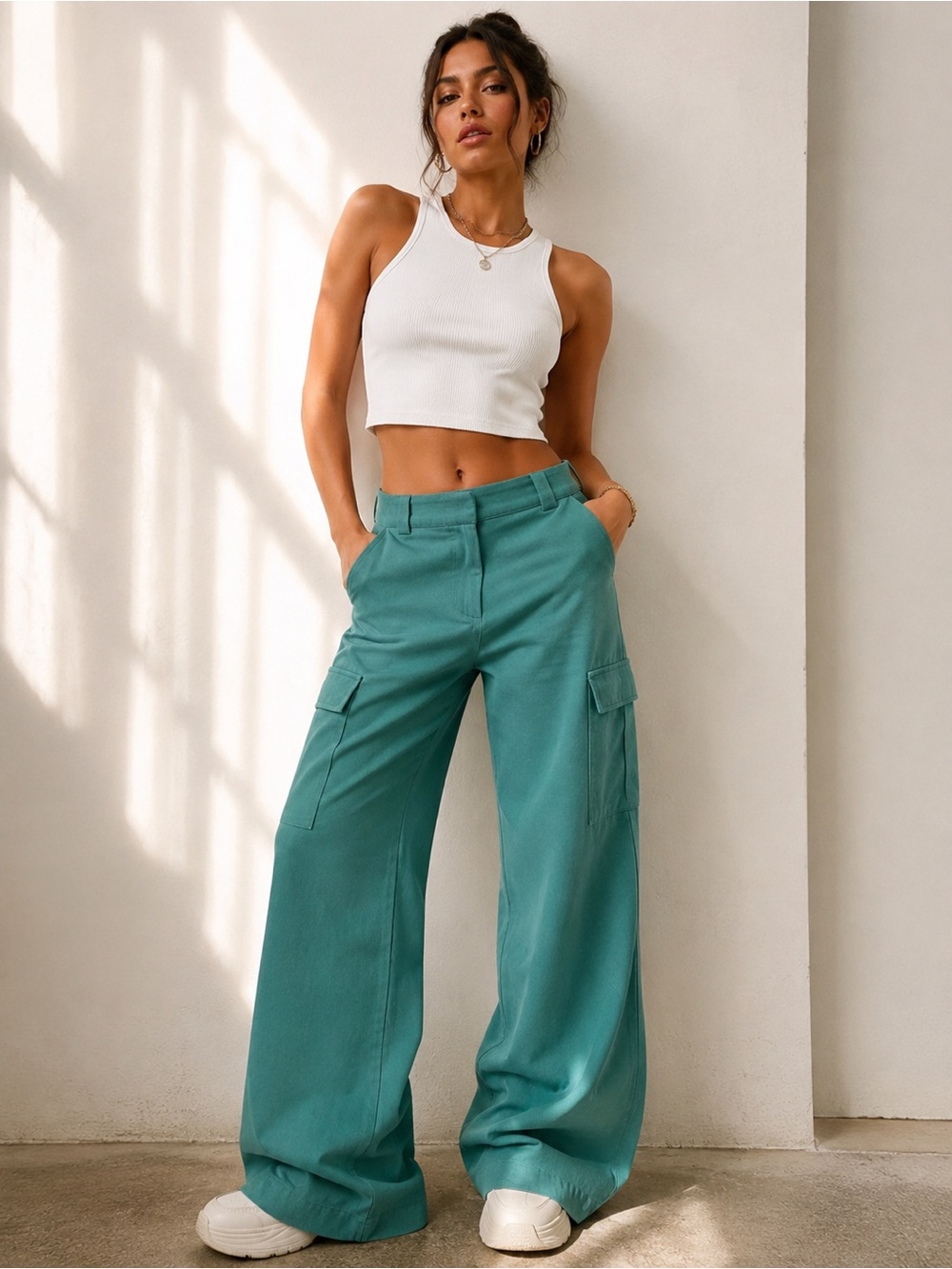 Princess Polly Teal Green Cargo Wide Leg Pants 100% Cotton Size 12